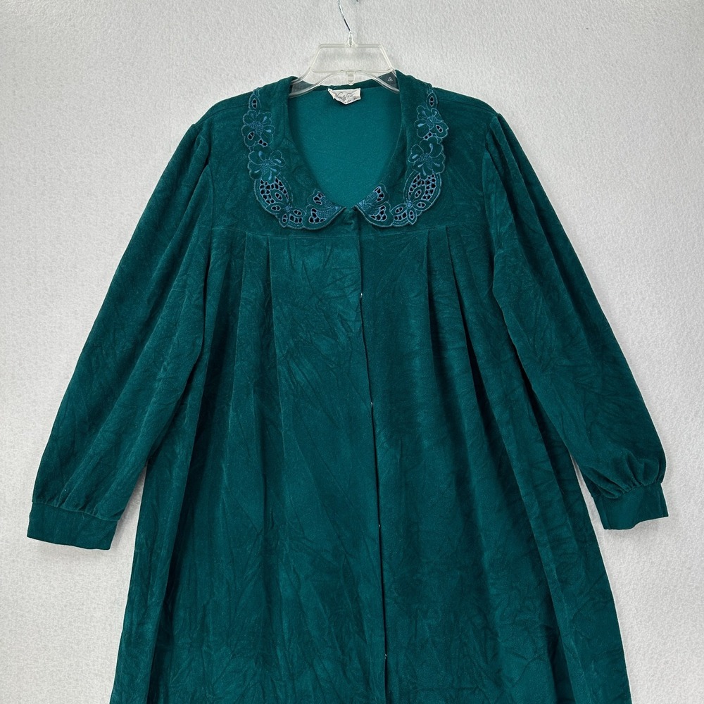 VTG Vanity Fair Velvet Nightgown POCKETS House Coat Snap Front Dress Green XL - Picture 3 of 12
